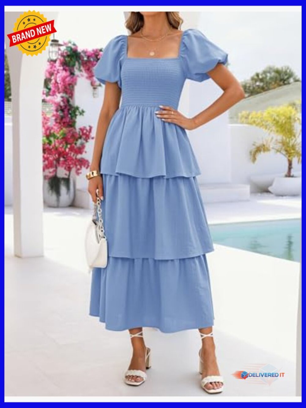 Lightweight Midi Dress with Puff Sleeves, Smocked Bodice, and Tiered Skirt - Picture 5 of 7